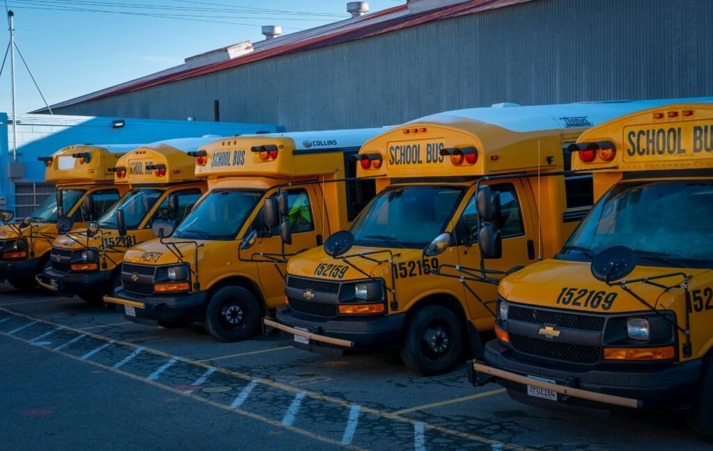 School buses in Alhambra Unified School District – strong public schools in LA County