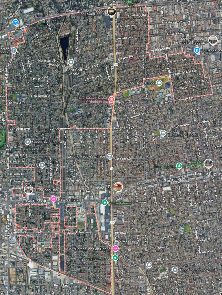 Map showing the East San Gabriel neighborhood in San Gabriel CA with local streets and boundaries