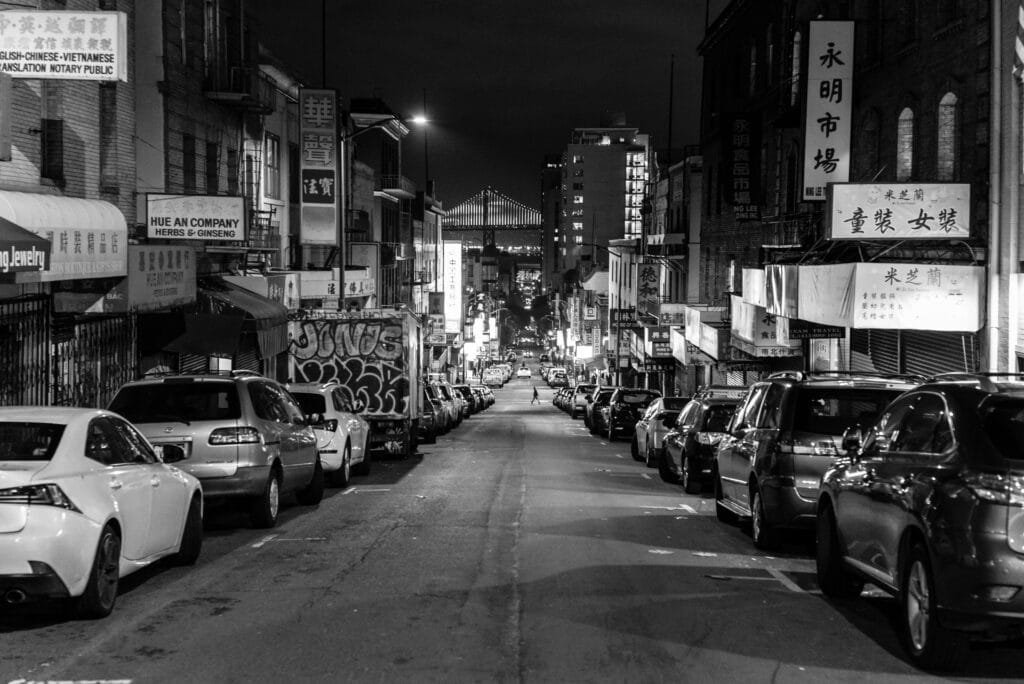black and white image of san gabriel at night