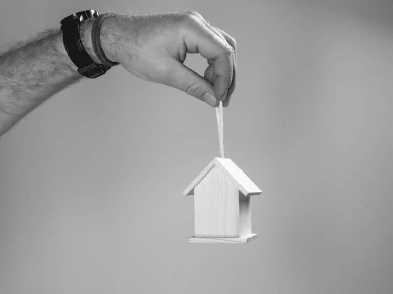 a hand holding up a wooden miniture house